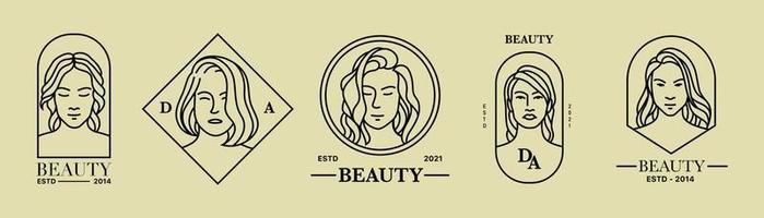 editable stroke line collection of the girl badge in a black monoline style. simple logo ideas for skincare, makeup, beauty studio, etc. vector