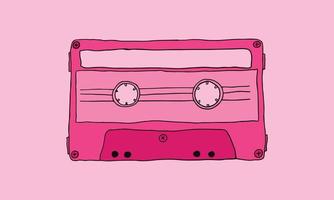 Ilustración de dibujos animados de cassette en rosa. Ilustración de vector dibujado a mano del equipo antiguo. medios analógicos para grabar y escuchar en el pasado.