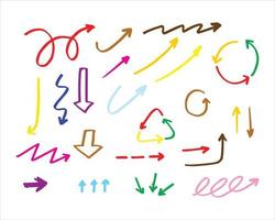 a set of colorful arrows in various styles. directed arrows illustrations made from scribble simple lines. hand drawn abstract vector. vector