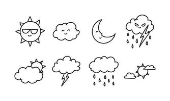 conjunto de clima en la ilustración de línea plana. icono simple para ilustración soleado, nublado, lluvioso, etc. para pronóstico del tiempo, campaña, póster y muchos más. vector