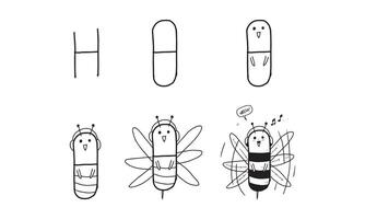 abeja linda con la ilustración de los auriculares. Caricatura incolora para actividades de dibujo y coloración. actividad divertida para el desarrollo y la creatividad de los niños. objeto aislado sobre fondo blanco en diseño vectorial. vector