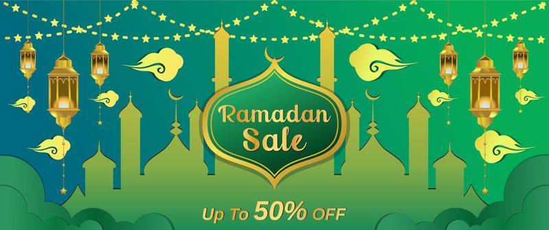 ramadan sale web header background banner with golden shiny frame arabic lanterns golden crescent moon yellow up 50 discount