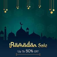 ramadan sale background design with golden shiny frame arabic lanterns islamic ornament purple vector