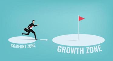 Businessman leaves comfort zone. Personal development, motivation and challenge vector illustration concept