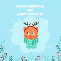 Merry Christmas and New Year greeting card. Vector illustration in flat style, Cute cat