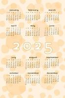 orange 2025 calendar template. Vertical format abstract background with hand drawn spot blob blot. Calendar design for print and digital. Week starts on Sunday vector