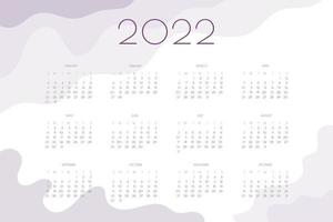 2022 calendar horizontal landscape template with wavy pink and lilac elements. Week starts on sunday vector