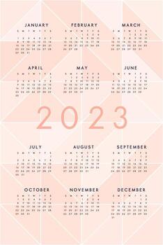 2023 calendar template with translucent peach pink triangles. Trende calendar design for print and web. Week starts on Sunday vector