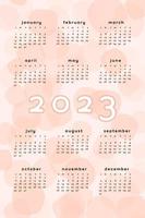 2023 plantilla de calendario rosa coral. Fondo abstracto naranja de formato vertical con mancha de mancha puntual dibujada a mano. diseño de calendario para impresión y digital. la semana comienza el domingo vector