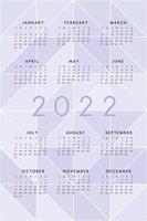 2022 calendar template on purple abstract background with translucent triangles. Calendar design for print and digital. Week starts on Sunday vector