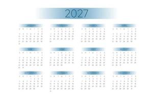 2027 pocket calendar template in strict minimalistic style with blue gradient elements, horizontal format. Week starts on Sunday vector