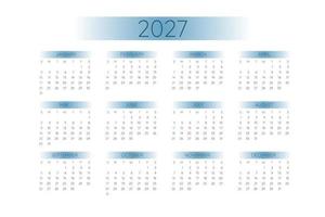 Plantilla de calendario de bolsillo 2027 en estricto estilo minimalista con elementos degradados azules, formato horizontal. la semana comienza el domingo vector