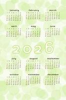 2026 calendar template. Vertical format lime green abstract background with hand drawn spot blob blot. Calendar design for print and digital. Week starts on Sunday vector