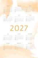 Plantilla de calendario 2027 naranja sobre fondo con pinceladas de acuarela dibujadas a mano en colores pastel. diseño de calendario para impresión y digital. la semana comienza el domingo vector