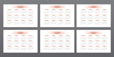 2022 2023 2024 2025 2026 2027 calendar in minimalistic style with orange gradient elements. Week starts on Sunday vector