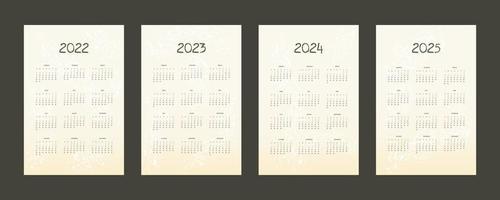 2022 2023 2024 2025 calendar vertical template in cute simple style with textured effects. Week starts on sunday vector