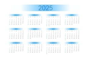 Plantilla de calendario de bolsillo 2025 en estricto estilo minimalista con elementos degradados azules, formato horizontal. la semana comienza el domingo vector