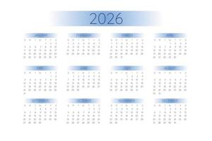 2026 pocket calendar template in strict minimalistic style with blue gradient elements, horizontal format. Week starts on Sunday vector