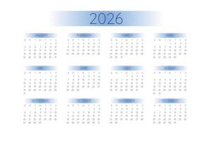 Plantilla de calendario de bolsillo 2026 en estricto estilo minimalista con elementos de degradado azul, formato horizontal. la semana comienza el domingo vector