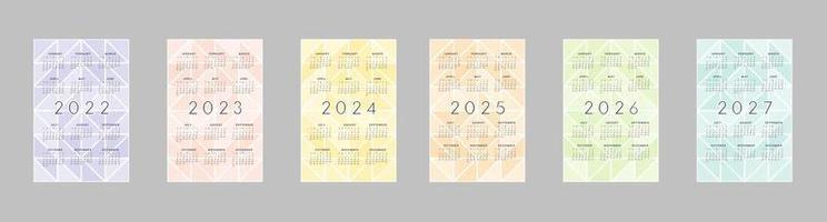 2022 2023 2024 2025 2026 2027 calendar collection with multicolor translucent triangles abstract background. Calendar design for print and digital. Week starts on Sunday vector