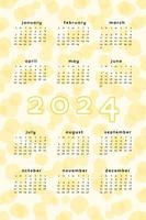 2024 calendar template. Vertical format yellow abstract background with hand drawn spot blob blot. Calendar design for print and digital. Week starts on Sunday vector