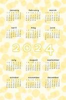 2024 calendar template. Vertical format yellow abstract background with hand drawn spot blob blot. Calendar design for print and digital. Week starts on Sunday vector