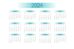 2024 pocket calendar template in strict minimalistic style with mint color gradient elements, horizontal format. Week starts on Sunday vector