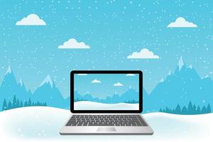 Laptop set on snow. Beautiful mountain view.-Vector illustration. vector