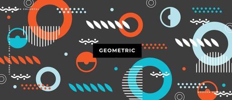 Flat geometric circles orange, blue colors. Memphis style minimal, playful line, dot, element on gray background. vector