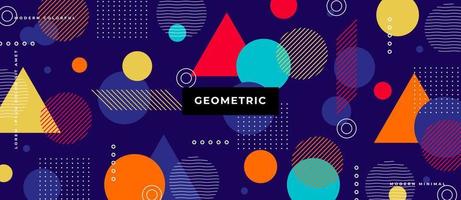 Colorful Geometric triangle, circle pattern on blue background. Memphis style swiss geometry illustration. vector