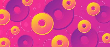 Colorful geometric dynamic circle shape. Memphis style moving elements on neon pink abstract background. vector