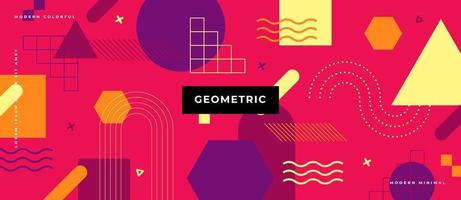 fondo geométrico en estilo plano. telón de fondo plano con formas geométricas. banner horizontal con círculos, triángulo, cuadrado, hexágono sobre fondo rosa neón. vector