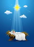 Manger cute baby jesus in crib and star vector