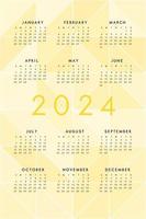 2024 calendar on abstract yellow background with translucent triangles. Calendar design for print and digital. Week starts on Sunday vector