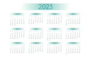 2023 pocket calendar template in strict minimalistic style with teal gradient elements, horizontal format. Week starts on Sunday vector