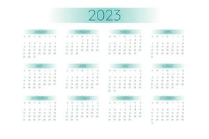 Plantilla de calendario de bolsillo 2023 en estricto estilo minimalista con elementos degradados verde azulado, formato horizontal. la semana comienza el domingo vector