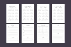 2022 2023 2024 2025 calendar and daily weekly monthly personal planner diary template. Monthly calendar individual schedule minimalist design for business notebook vector