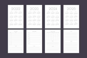 2022 2023 2024 2025 calendario y plantilla de diario de planificador personal mensual semanal diario. calendario mensual calendario individual diseño minimalista para cuaderno de negocios vector