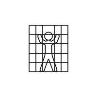 Man in cage prison for punishment, arrest. Punishment for crime, restriction of freedom. Prison term. Court sentence, make justice. Vector line illustration