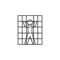 Man in cage prison for punishment, arrest. Punishment for crime, restriction of freedom. Prison term. Court sentence, make justice. Vector line illustration