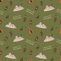 Seamless Pattern With Mountains, Tents And A Campfire. Camping Concept. For Printing On Textile, Notebooks And Other Purposes. vector