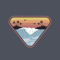 Patch With A Picture Of The Sea, Waves And Palm Trees In The Sunset Sky.  Retro Hand-Drawn Vector. For Prints On T-shirts, Posters And Other Purposes.