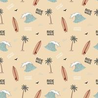 Seamless Pattern With Palm Trees, Surfboard And Waves. Retro Hand-Drawn Vector. vector