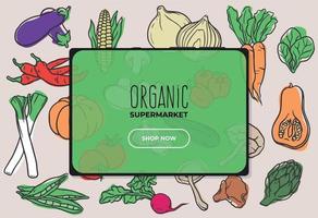 Organic food supermarket banner with tablet vector