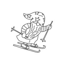 Gnome skiing. Doodle hand drawn illustration vector