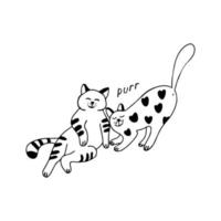 Two adorable cats in doodle style. They are affectionate and satisfied, striped and decorated with hearts.  Hand drawn vector illustration in black ink on white background. Doodle style.