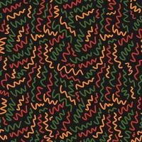 Abstract seamless pattern with random hand drawn scribbles doodle lines in traditional African colors - red, yellow, green on black background. Ethnic backdrop Kwanzaa, Black History Month, Juneteenth vector