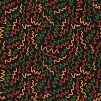 Abstract seamless pattern with random hand drawn scribbles doodle lines in traditional African colors - red, yellow, green on black background. Ethnic backdrop Kwanzaa, Black History Month, Juneteenth vector