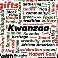 Seamless pattern with Kwanzaa word cloud. Vector background with principles and terms for Kwanzaa celebation - African American heritage holiday.