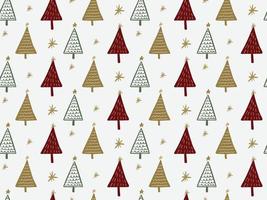 Cute  seamless pattern background with Christmas tree simple doodles in childish hand drawn style. Seasonal New Year holiday festive green crimson gold backdrop texture, print vector